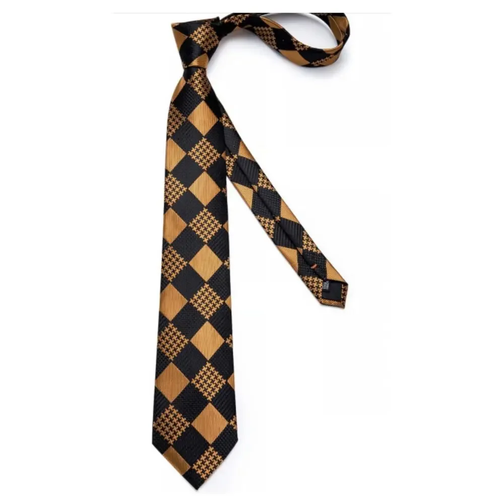 Checkered Necktie, Pocket Square and Cufflinks Set in Yellow/Black